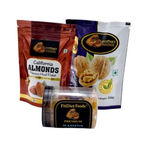 FitDiet Premium Dry Fruits Combo – Almond 250gm + Walnut Kernel 250gm + Raisin 250gm | 100% Natural | Immunity & Brain Booster